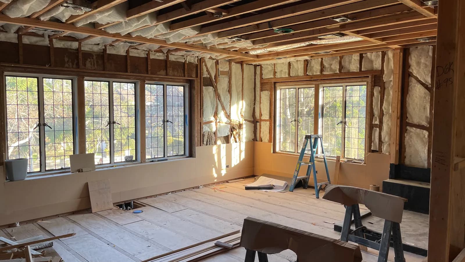 Interior framing across the upper floor
